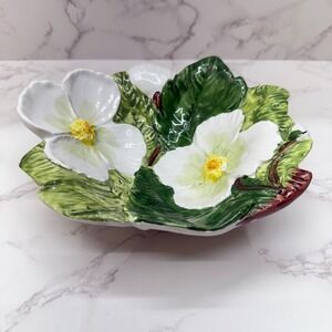 Vintage Ceramic Bowl Hand Painted Flower Leaf Made in Italy Decor Trinket Dish